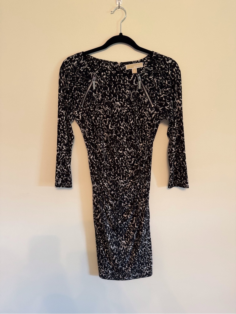 Michael Kors Black and White Printed Sheath Dress with Zip Accents